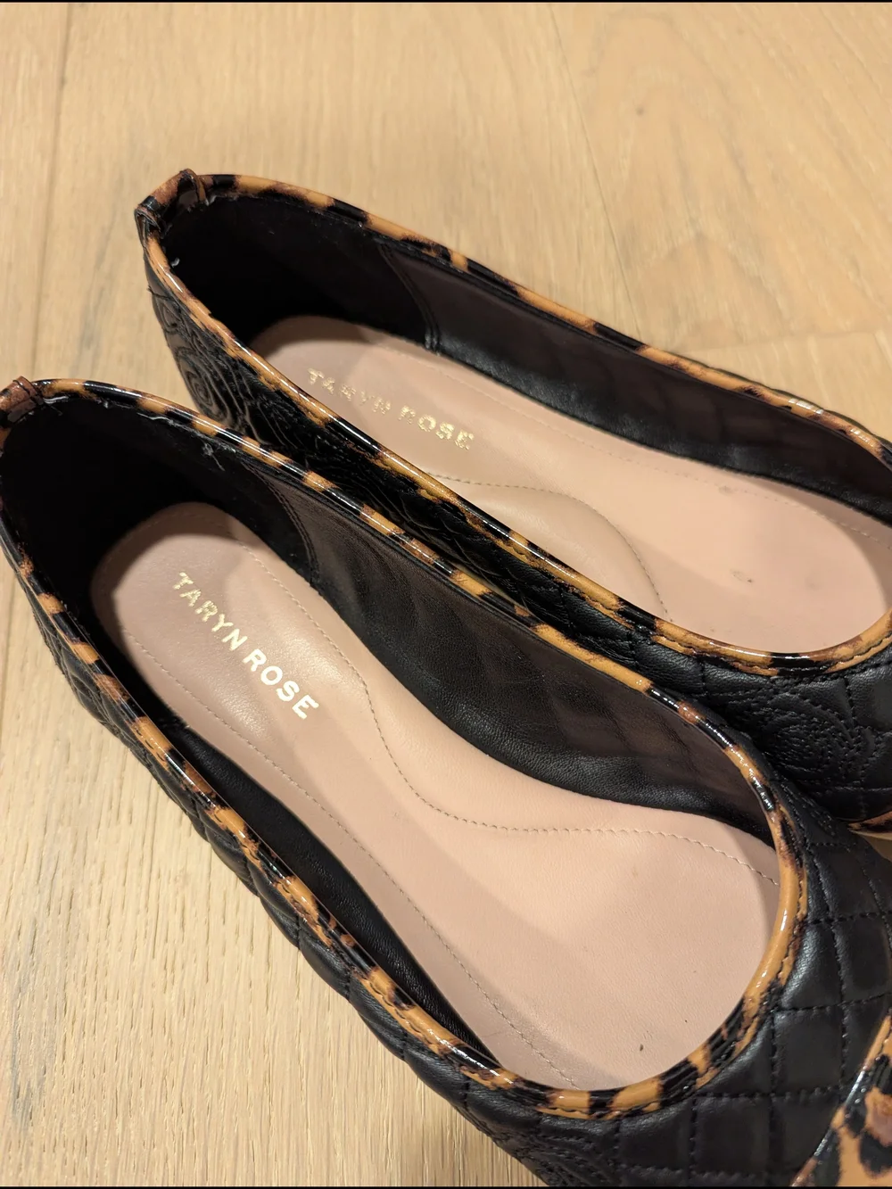 Taryn Rose Quilted Black Flats with Leopard Cap Toe